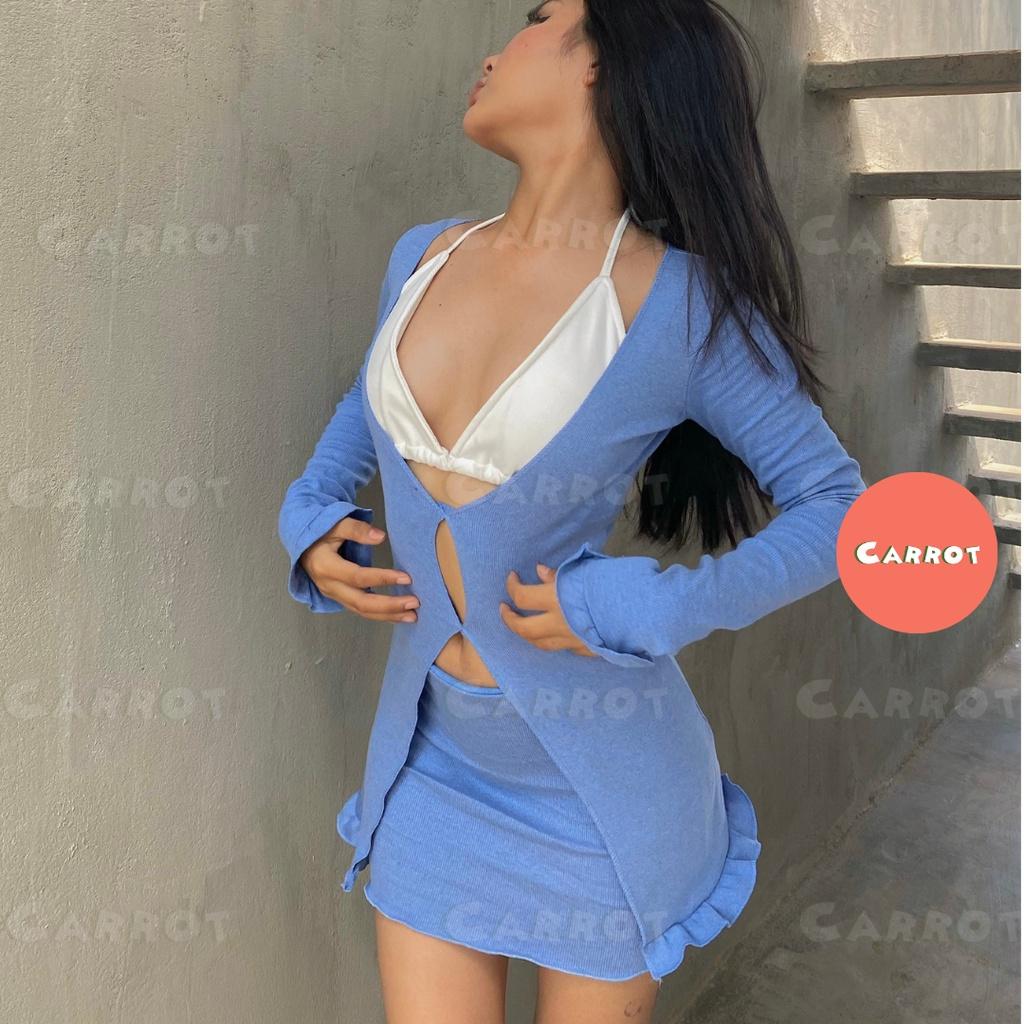 Áo croptop tay dài thiết kế xanh chân váy ôm body áo ngực trắng sexy carrotxinhdep chất vải co giãn đi biển +