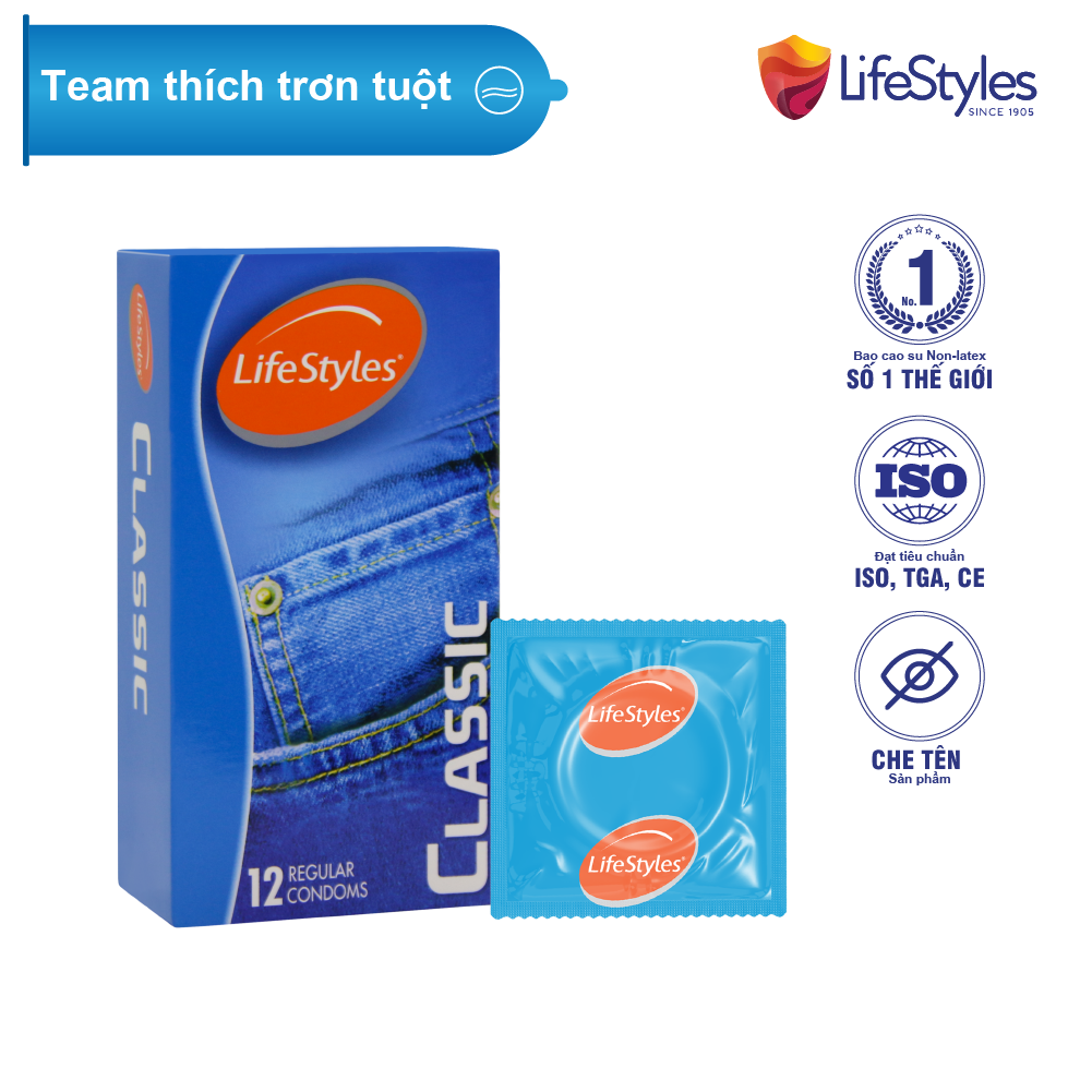Bao cao su LifeStyles Classic thiết kế mỏng ôm sát nhiều gel 12 bao