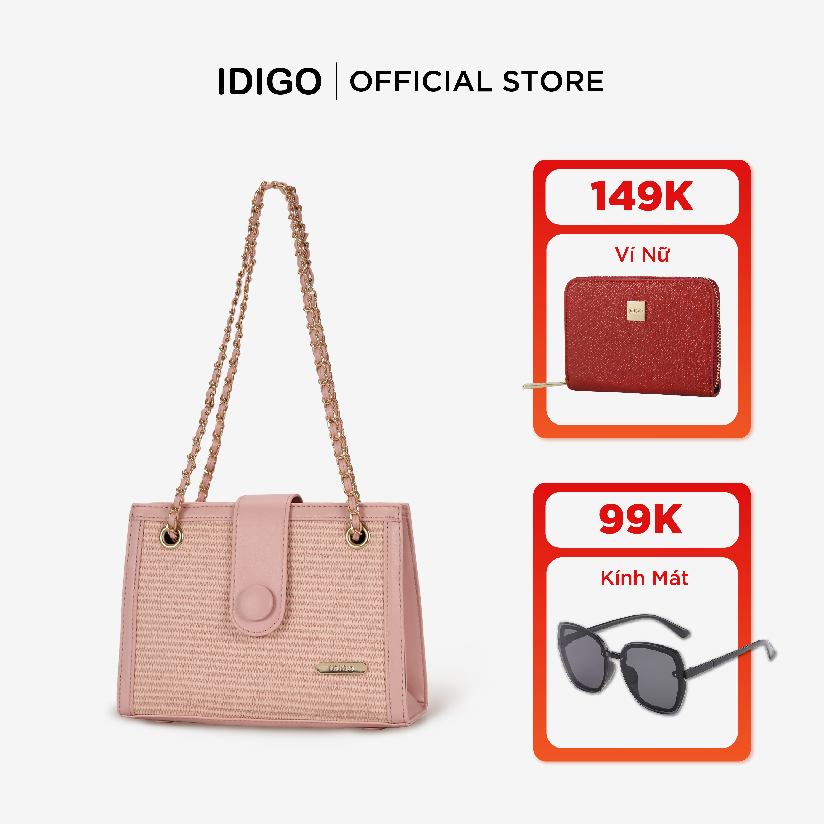 Túi đeo vai công sở, túi đeo chéo nữ phom cứng, họa tiết đan mây phối dây xích IDIGO FB2 - 5061