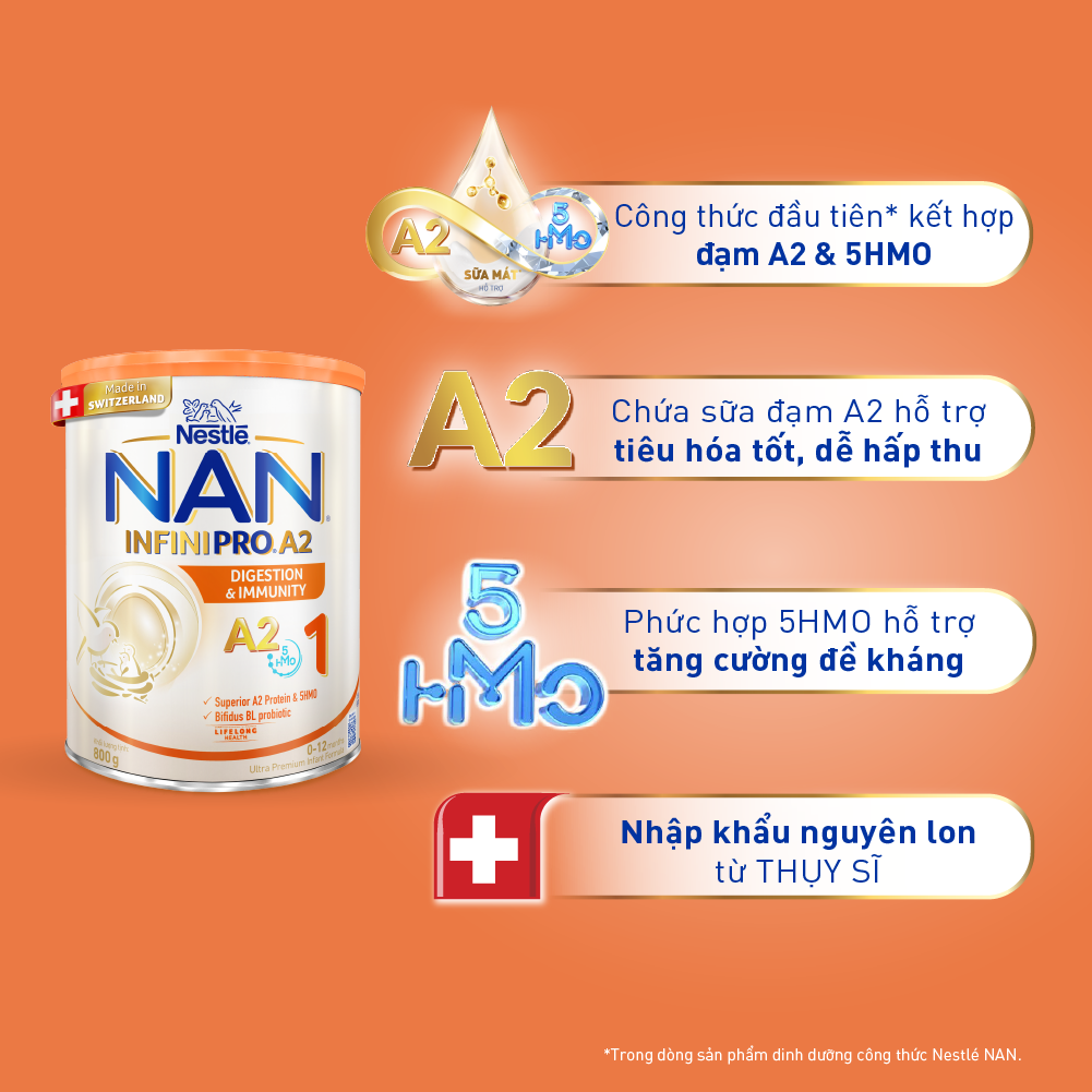 Thùng 6 lon sữa bột Nestlé NAN INFINIPRO A2 1 cho trẻ từ 0-12 tháng tuổi hộp 800g nhập khẩu nguyên lon từ Thụy Sỹ