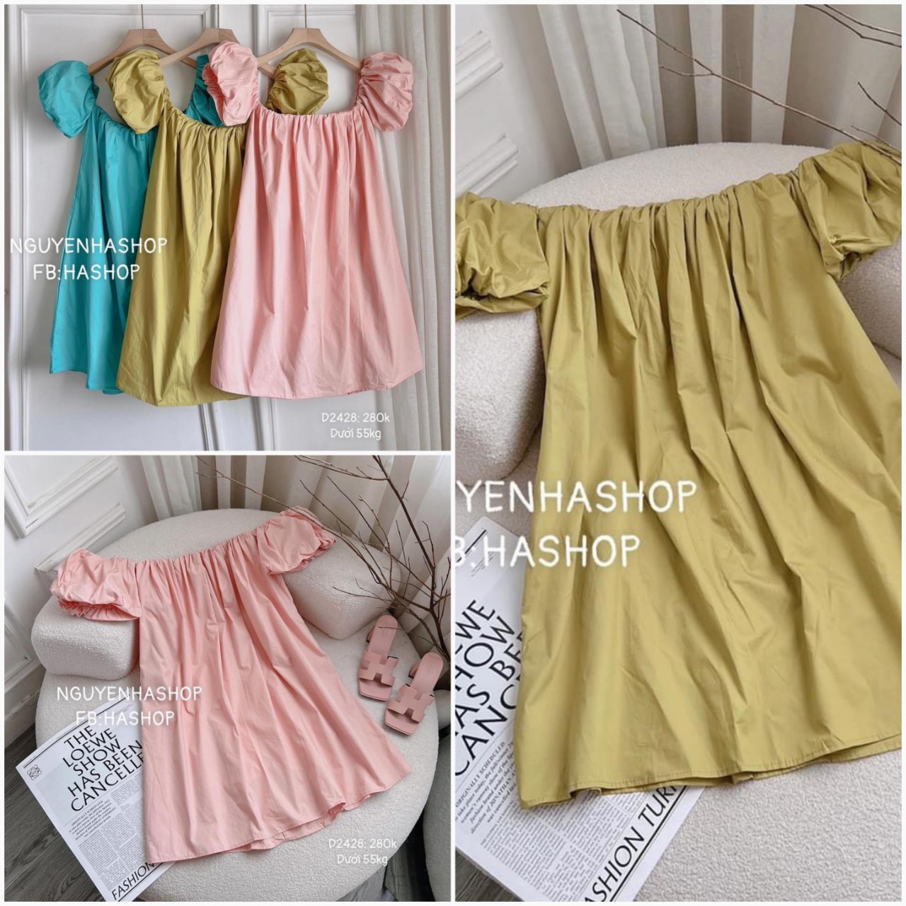 váy babydoll cộc tay vai bồng, đầm babydoll trơn 3 màu dễ thương