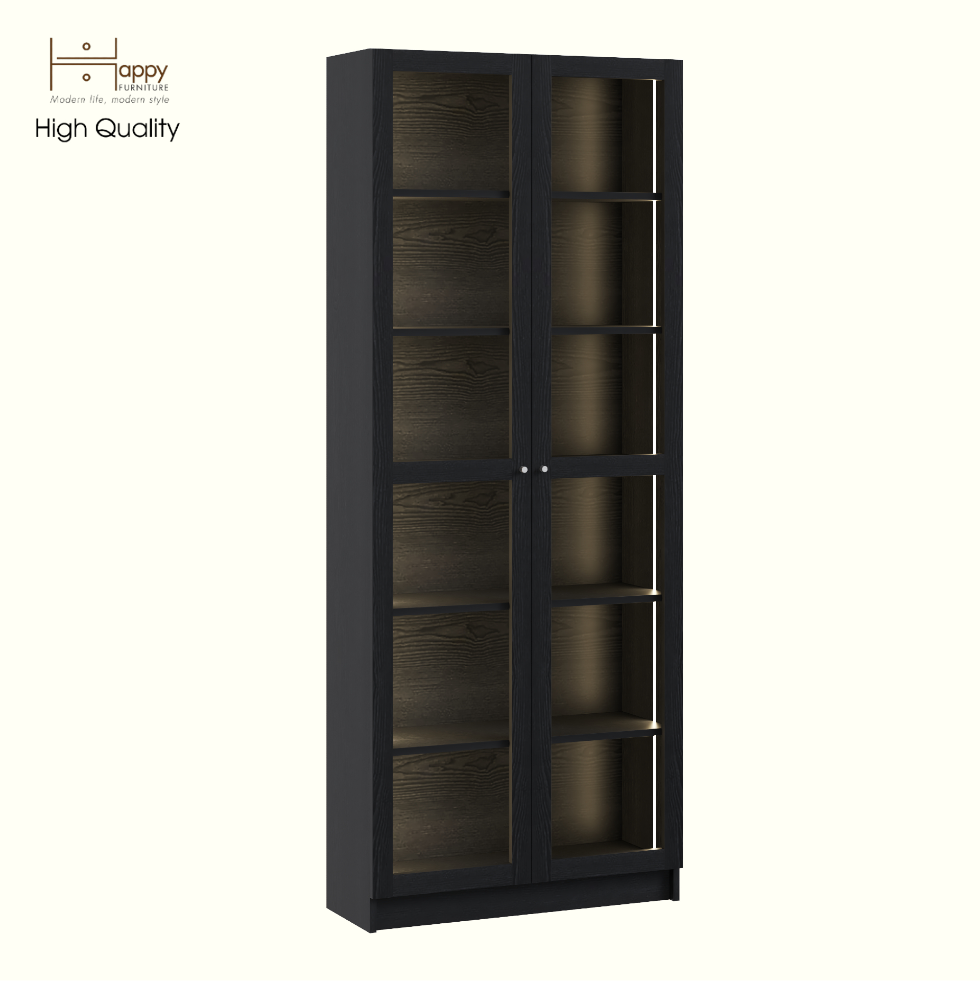 HAPPY FURNITURE , Kệ sách 6 tầng cửa kính đèn LED - CATY, KSA_074_LED , 80cm x 30cm x 202cm DxRxC