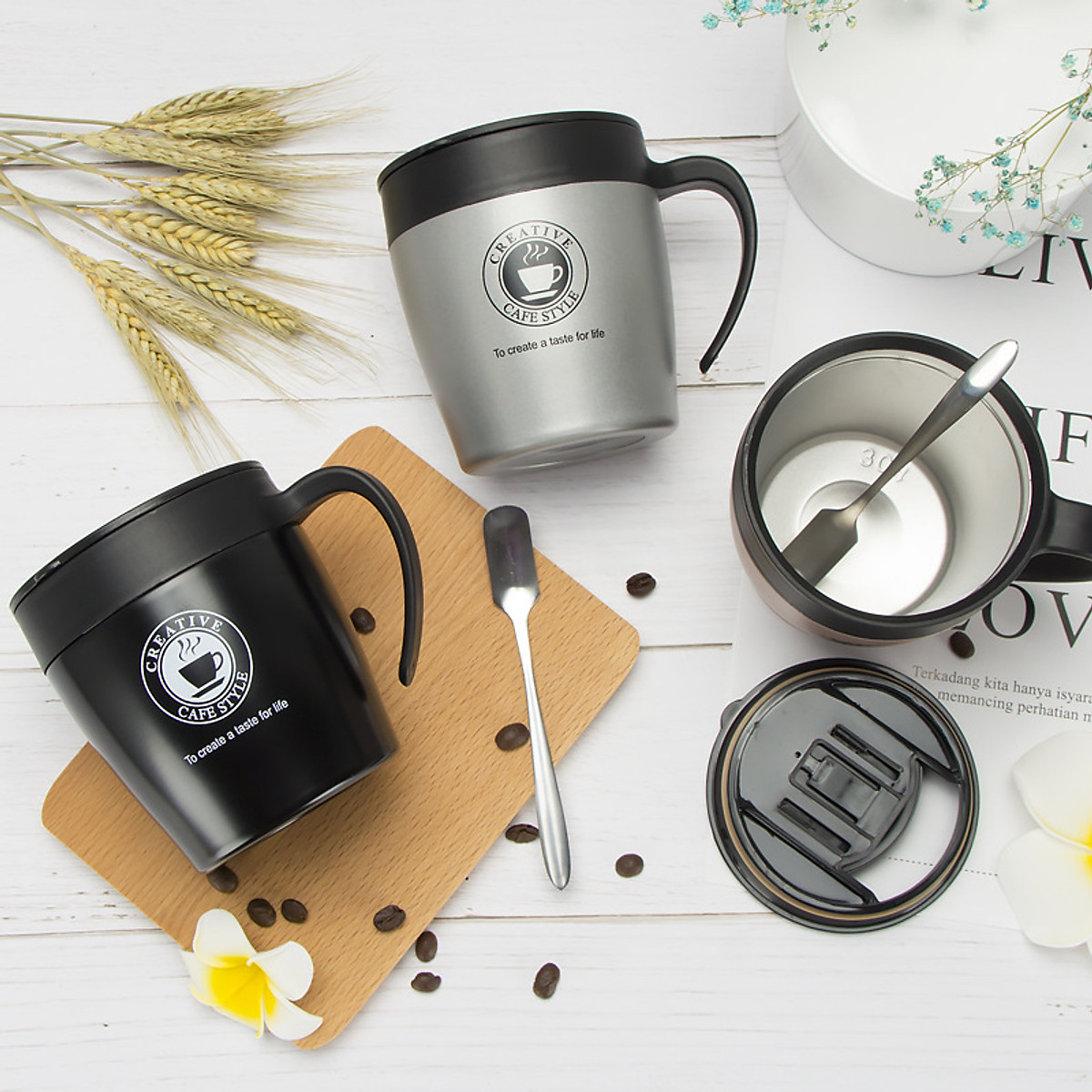 Cốc Cafe Giữ Nhiệt 330ml Chất Liệu Inox 304 Nhỏ Gọn Có Tay Cầm Sang Trọng Tặng Kèm Thìa