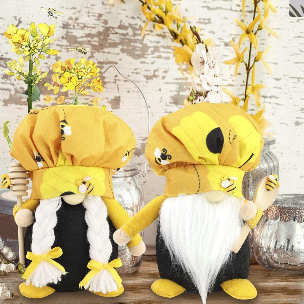 2 Pack Bumble Bee Chef Gnome Scandinavian Tomte Nisse Swedish Honey Bee Elf Home Farmhouse Kitchen Decor Bee Shelf Tiered Tray Decorations