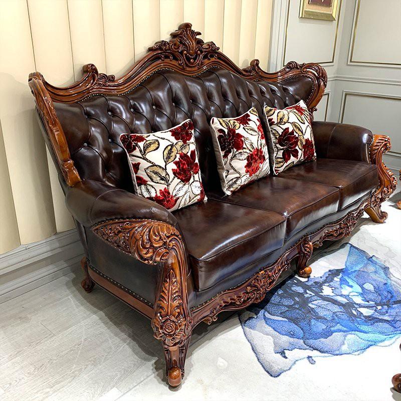 Sofa chạm khắc tinh xảo sơn 7 lớp phủ bóng công nghệ cao chống mối mọt và da bò Italya nguyên miếng SOFA-2062-NAU