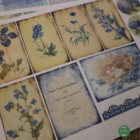 Sticker tự cắt Blue ephemera mix - sticker vintage dán, trang trí sổ nhật kí, sổ tay | Bullet journal - kc005