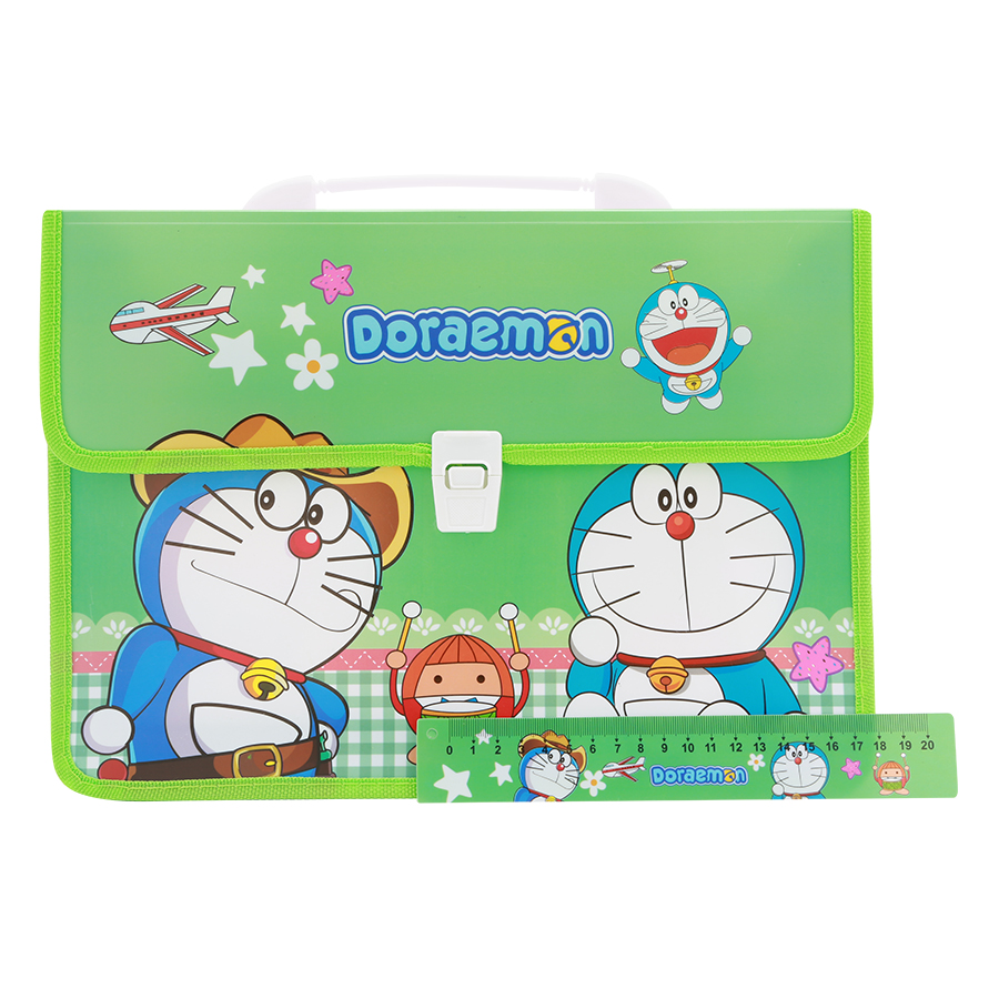 Combo Cặp Học Sinh 2 Ngăn Và Thước Nhựa - Hình Doraemon - Xanh Lá (Mẫu Ngẫu Nhiên)