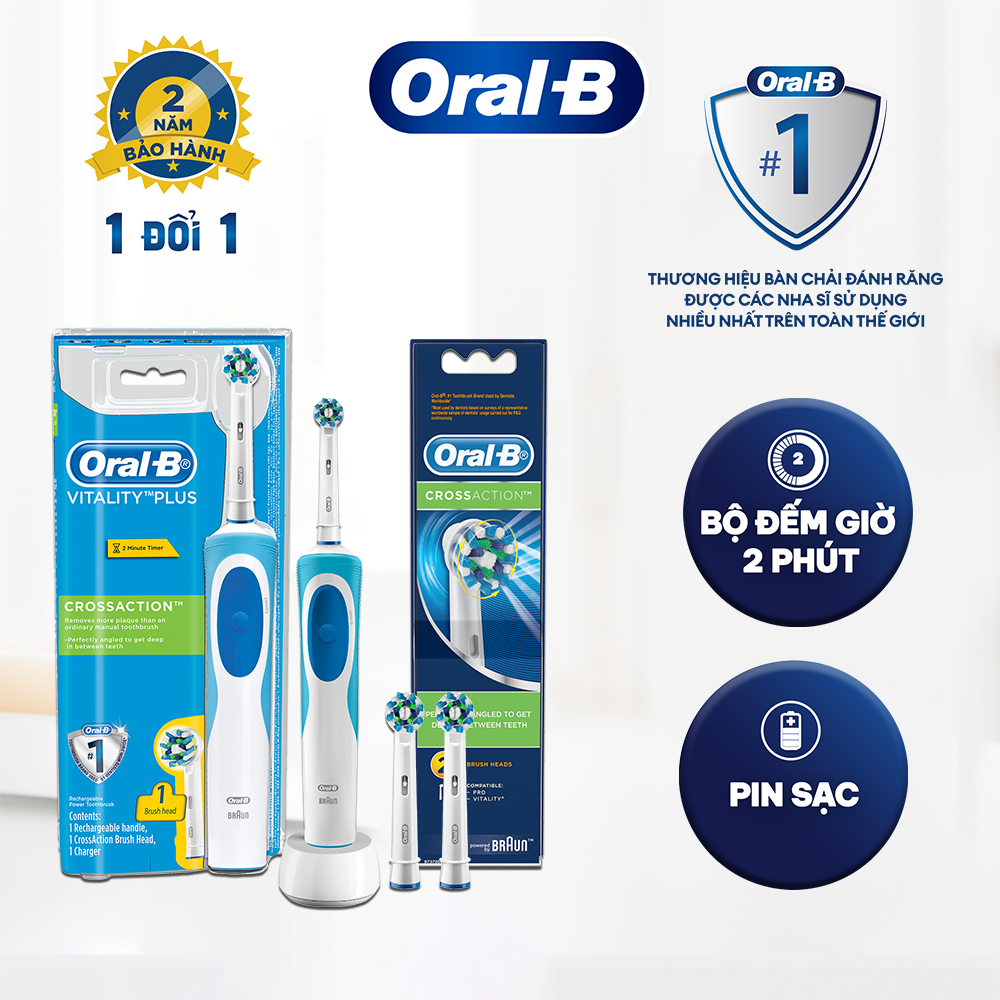 Combo Bàn Chải Điện ORAL-B Vitality Cross Action Làm Sạch Từng Kẽ Răng 1 Bàn Chải + 2 Đầu Bàn Chải Thay Thế