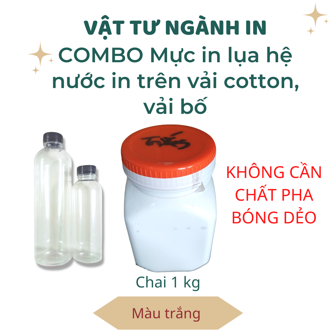 Combo mực in lụa hệ nước in trên vải cotton, vải bố gồm 500 gr mực in và 1 kg chất pha bóng dẻo