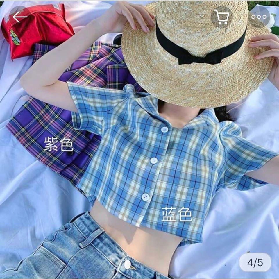 (ảnh thật) áo croptop kẻ caro phong cách hàn quốc