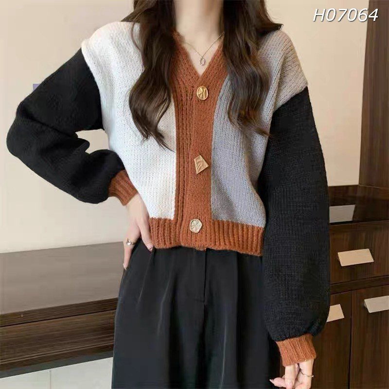 Áo len nữ trơn QCCC,khoác Cardigan mỏng nút cổ V,tay dài,phối màu cưng xỉu