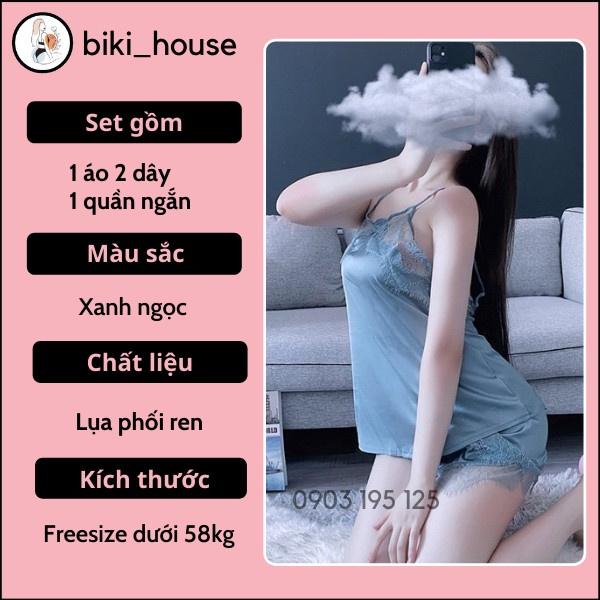 - Đồ bộ pijama lụa phối ren mềm mịn cao cấp set ngủ nữ hở lưng đen xanh sexy gợi cảm BIKI HOUSE N127 - Hỏa Tốc