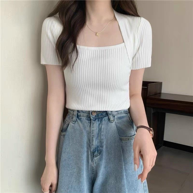 Áo len mỏng cổ vuông tay ngắn co dãn tốt bigsize