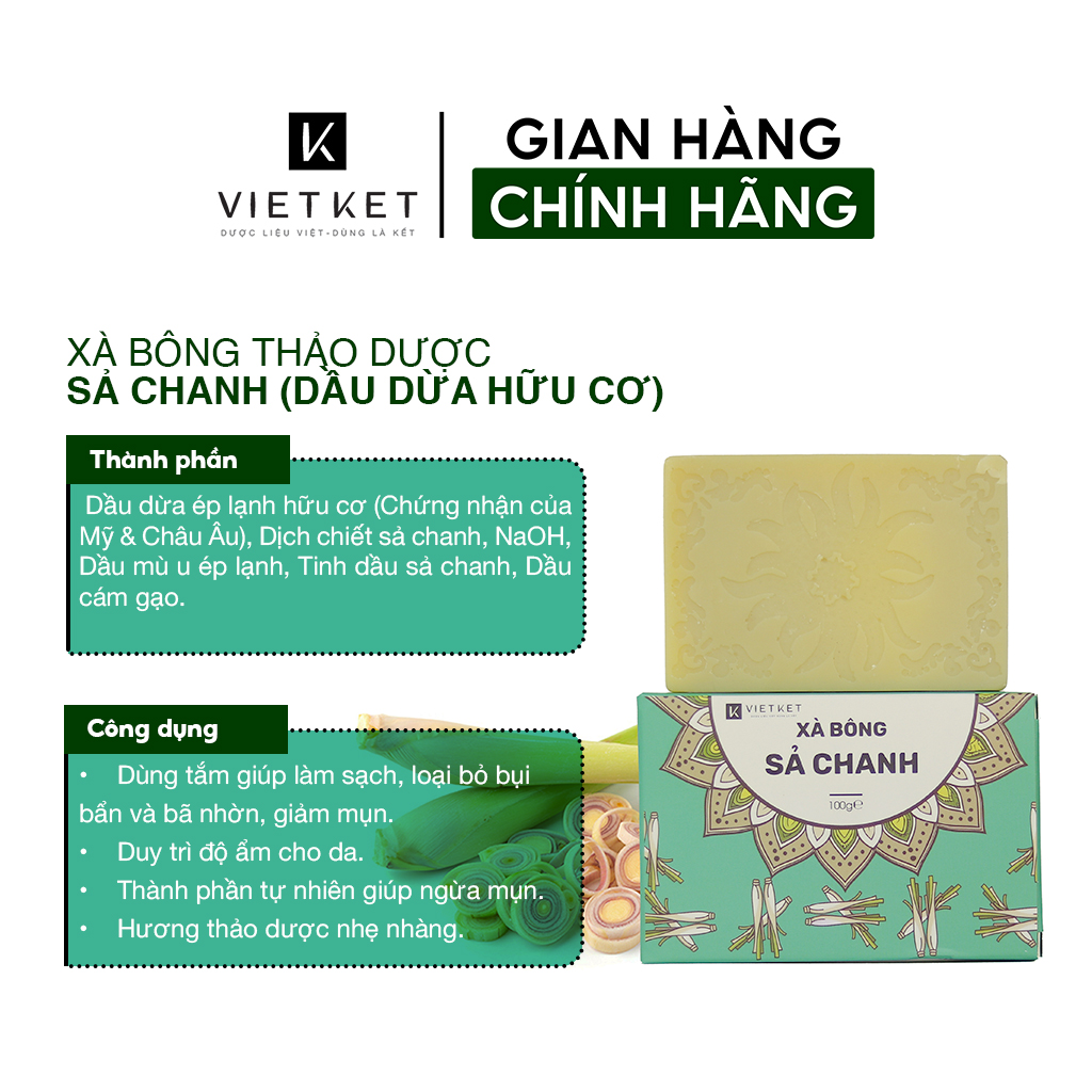 Cục Xà Bông Sả Chanh VIETKET DDHC 100g - Làm Sạch, Giảm Mụn Lưng, Sáng Da, Duy Trì Độ Ẩm, Hương Thơm Thảo Dược