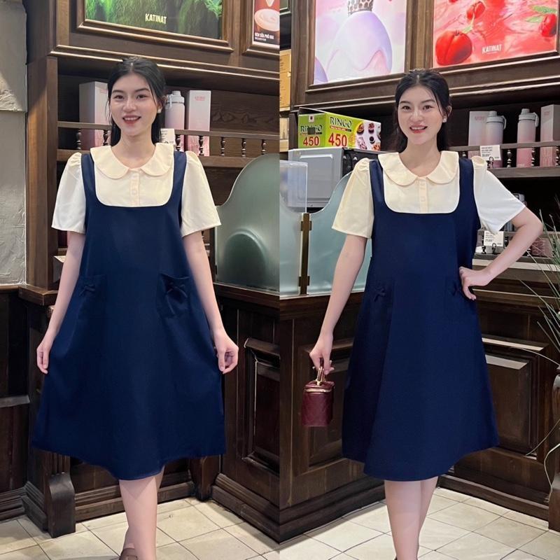 Đầm bầu yếm liền cổ sen phối túi đính nơ form suông thanh lịch chất cotton lạnh Váy Bầu Xinh - Nâu