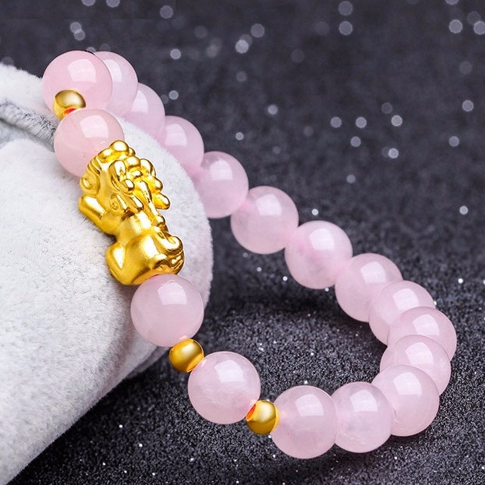 Lắc Tay Thạch Anh Hồng Tỳ Hưu Bạc Mạ Vàng 24K 10MM