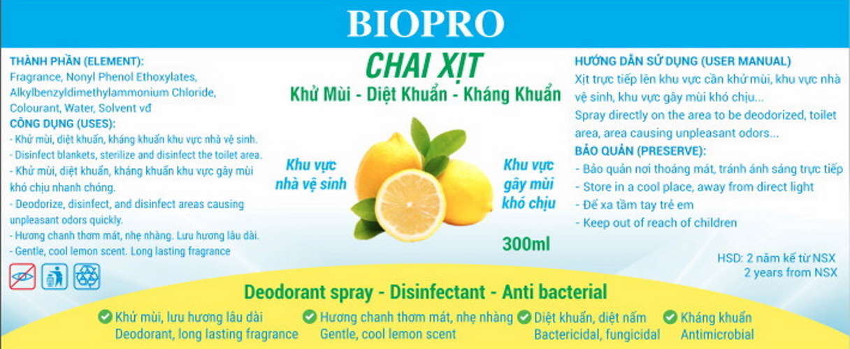 Chai xịt Biopro khử mùi diệt khuẩn kháng khuẩn Khu vực gây mùi khó chịu Khu vực nhà vệ sinh Hương chanh thơm mát dịu nhẹ