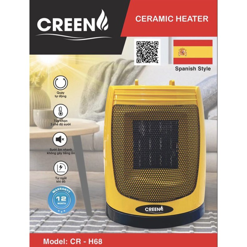 Quạt sưởi gốm Ceramic Creen CR-H68 không gây ồn, 3 chế độ sưởi, tự động đổi hướng, cảm biến nghiêng đổ - Hàng chính hãng