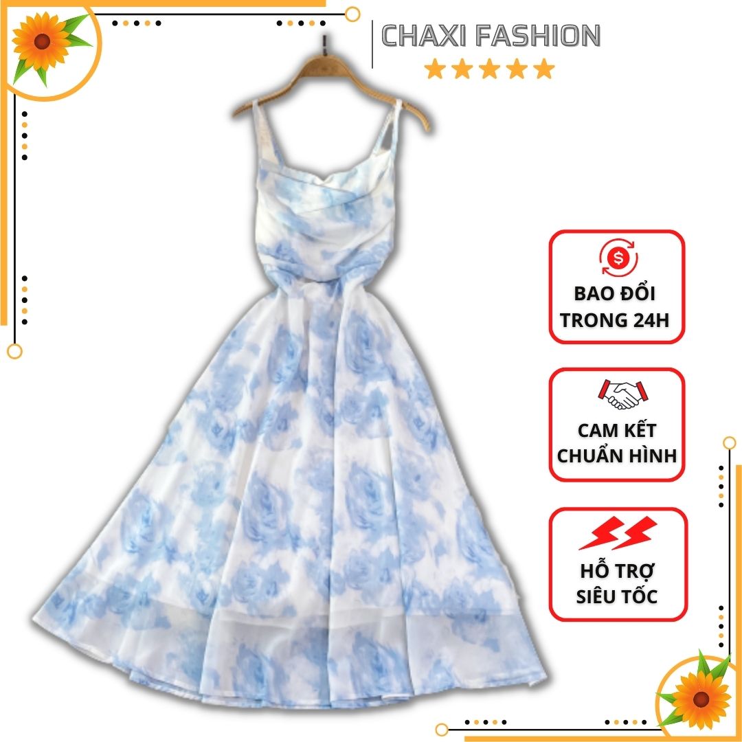 HÀNG QUẢNG CHÂU - ĐẦM XÒE MAXI 2 DÂY VOAN LỤA TRẮNG IN HOA HỒNG XANH SIÊU XINH - D156275