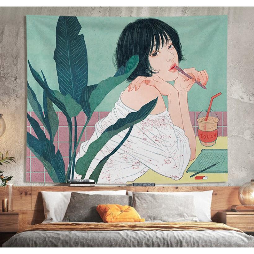 Thảm trang trí - Tranh vải treo tường hình cô gái phong cách thời trang + Tặng kèm móc treo