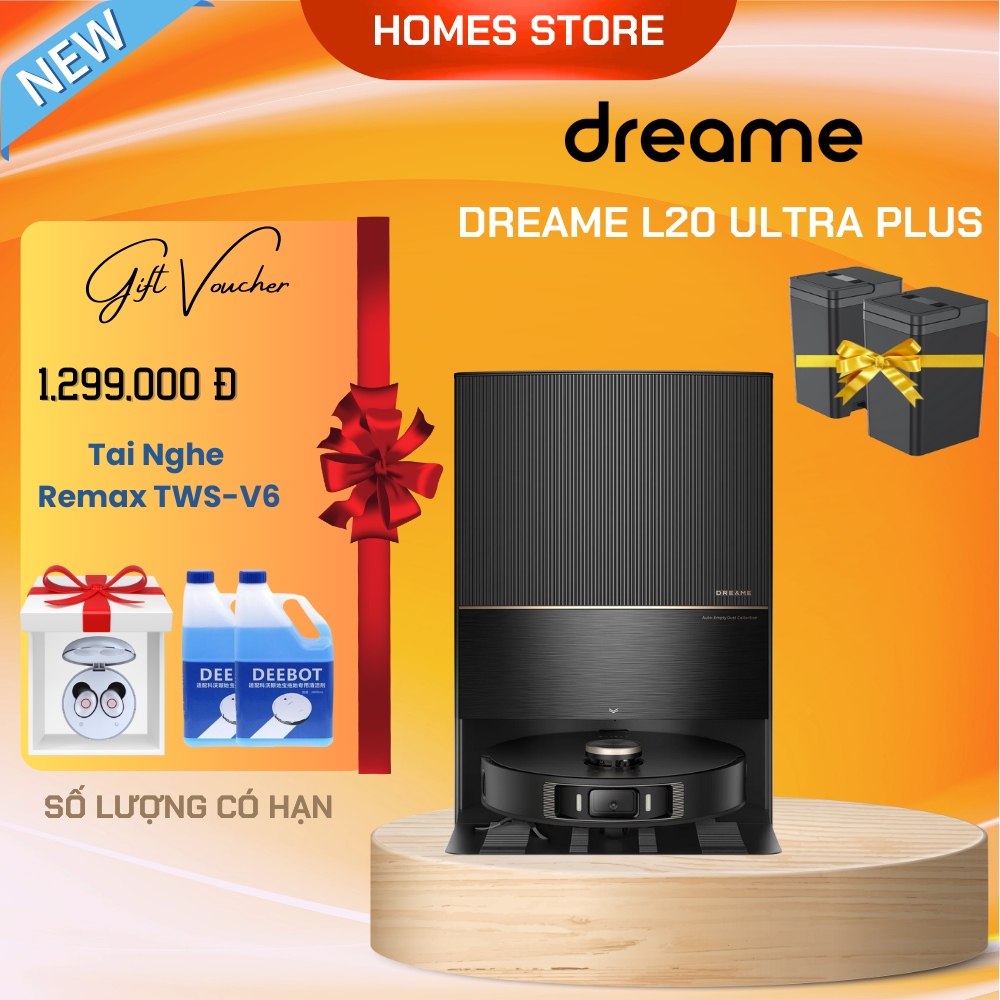 Robot Hút Bụi Lau Nhà DREAME L20 ULTRA PLUS 2023 Công Nghệ Tự Động Bơm Xả Nước Giặt Sấy Giẻ Nước Nóng Khử Khuẩn Ion Tạo Bản Đồ Siêu Nhanh Tự Động Nâng Hạ Giẻ Lau Camera AI Mới Nhất Diện Tích Hoạt Động 300 m2 Lực Hút 7000 Pa - Hàng Chính Hãng