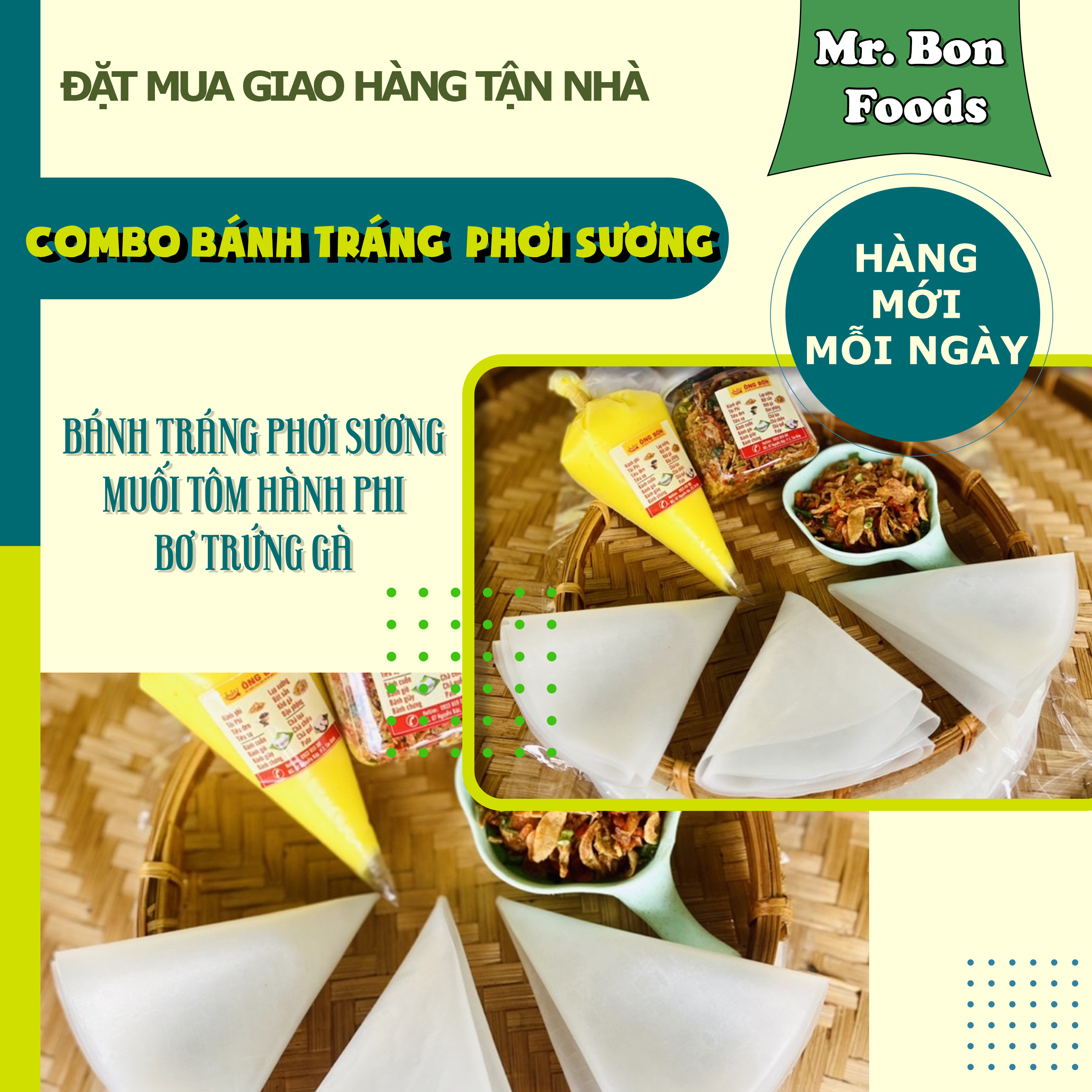 Combo Bánh Tráng Phơi Sương 100g - 100g Bơ Trứng Gà, 120ml Muối Tôm Hành Phi