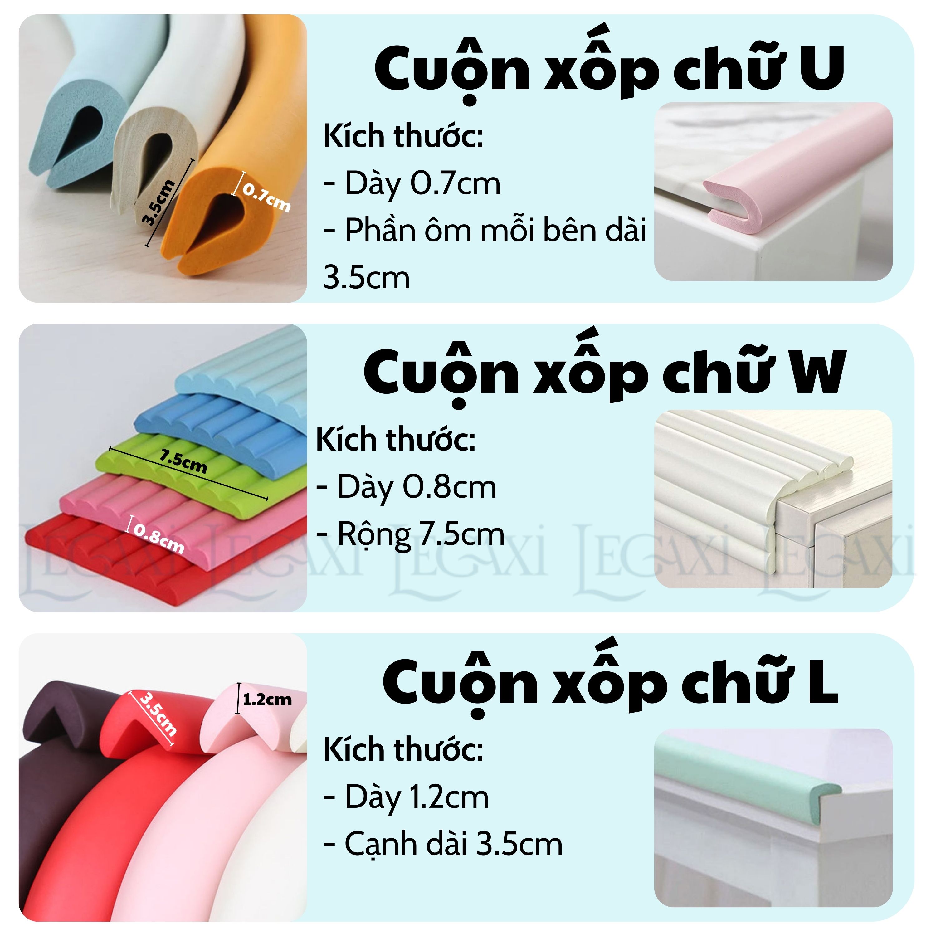 Cuộn Xốp Dài 2 Mét Bọc Cạnh Bàn Chữ U-W-V, Miếng Dán Bịt Góc Tường Chống Va Chạm An Toàn Cho Bé Legaxi