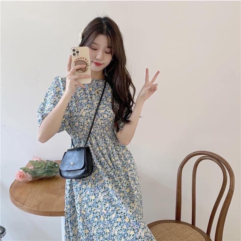 Đầm hoa nhí tay phồng bo eo co dãn
