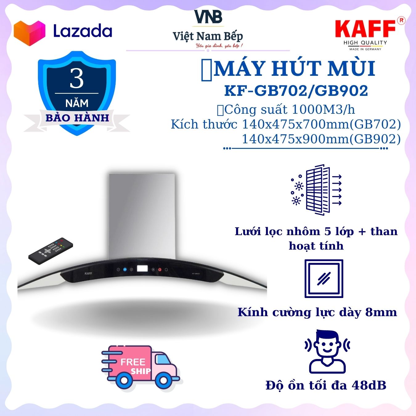 Máy hút mùi kính cong cảm ứng 700mm KAFF KF-GB027 - Hàng Chính Hãng