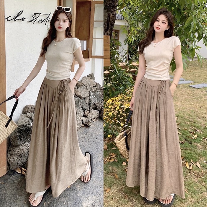 SET QUẦN ỐNG RỘNG GIẢ VÁY MIDI XẾP LY DÂY RÚT LƯNG THUN CAO MAXI + ÁO THUN 3 LỖ PASTEL ĐI TIỆC DẠO PHỐ ĐI CHƠI ĐI BIỂN