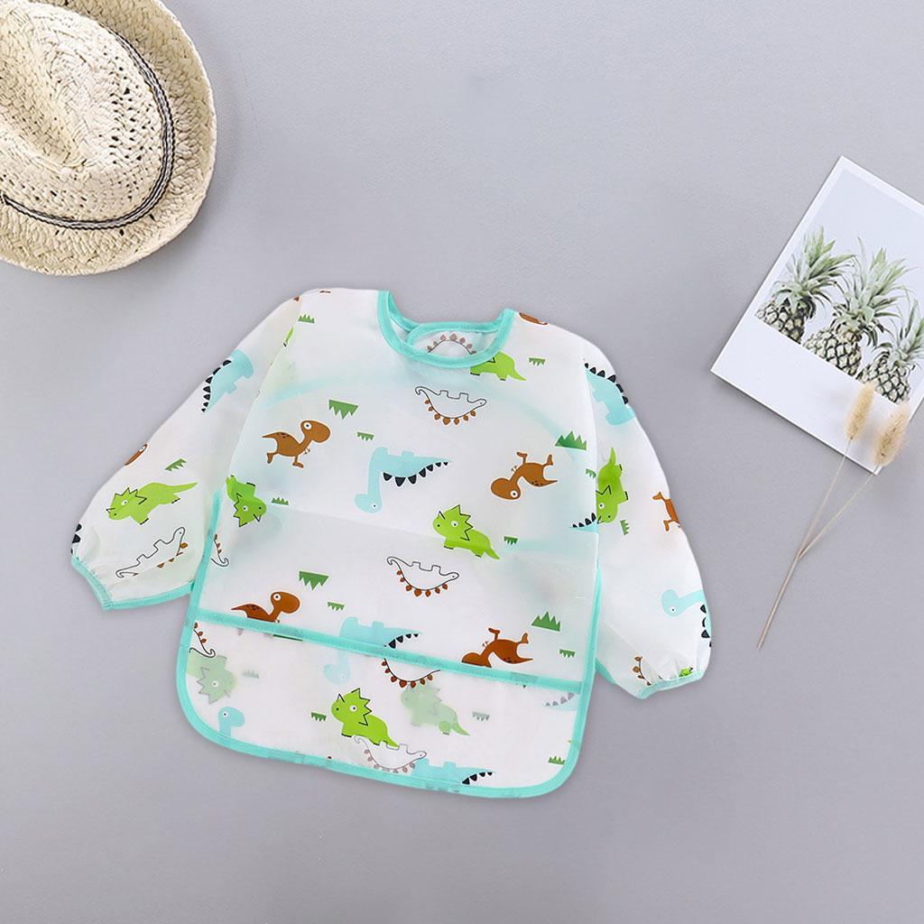 2xBaby Feeding Bib Long Sleeve Waterproof Lunch Apron Blue Dinosaur