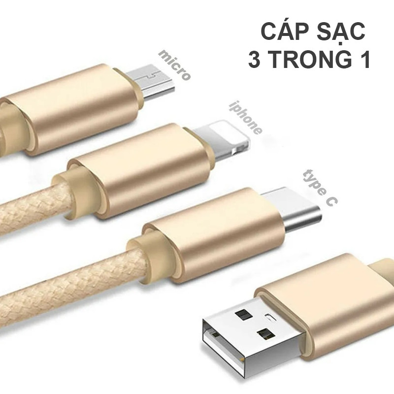 Dây cáp sạc điện thoại đa năng 3 trong 1 dài 1m đa chức năng Lightning, Micro USB, Type-C - Hàng Chính Hãng PKCB