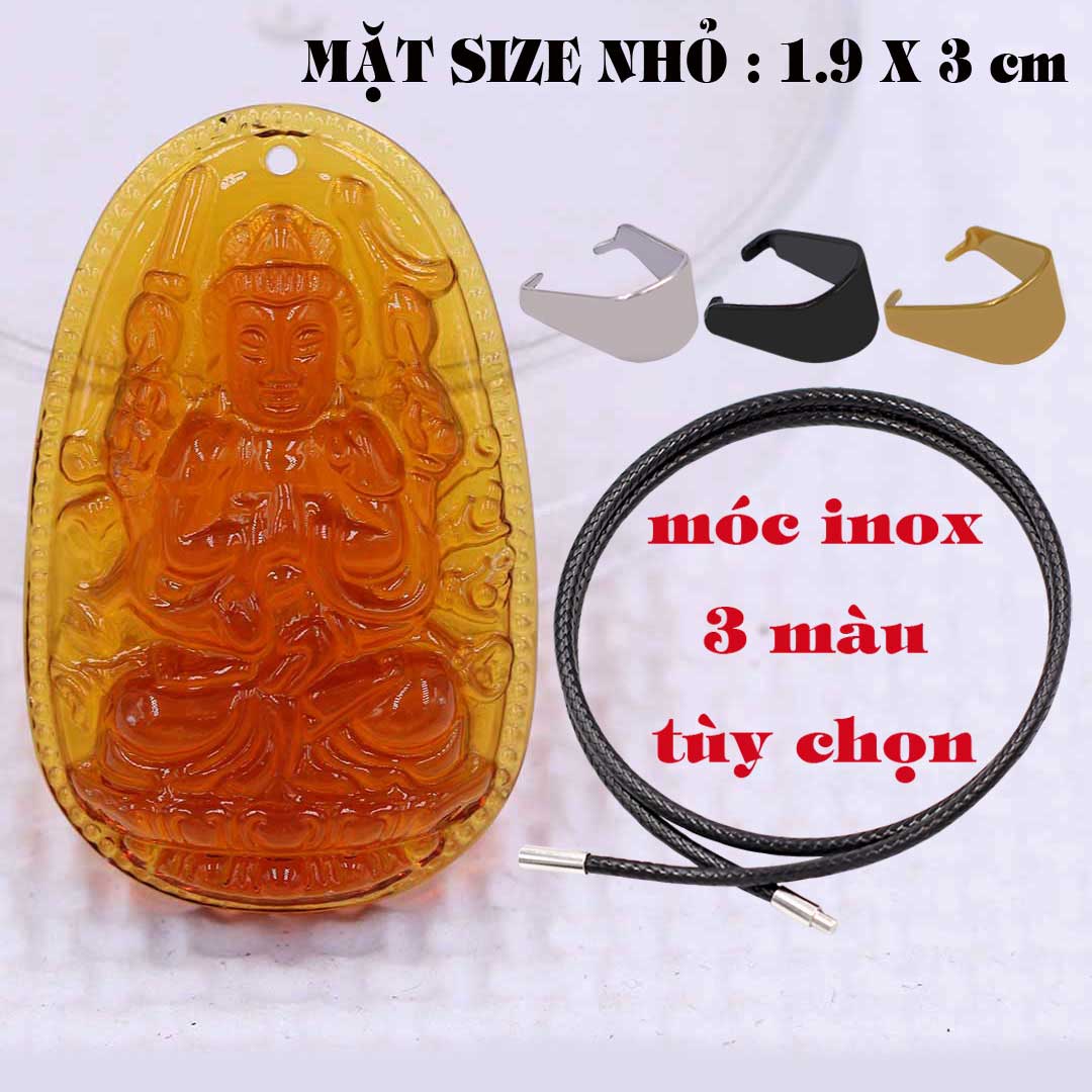 Mặt Phật Quan âm nghìn tay nghìn mắt pha lê cam 1.9cm x 3cm kèm vòng cổ dây cao su đen + móc inox vàng, Mặt Phật Quan âm