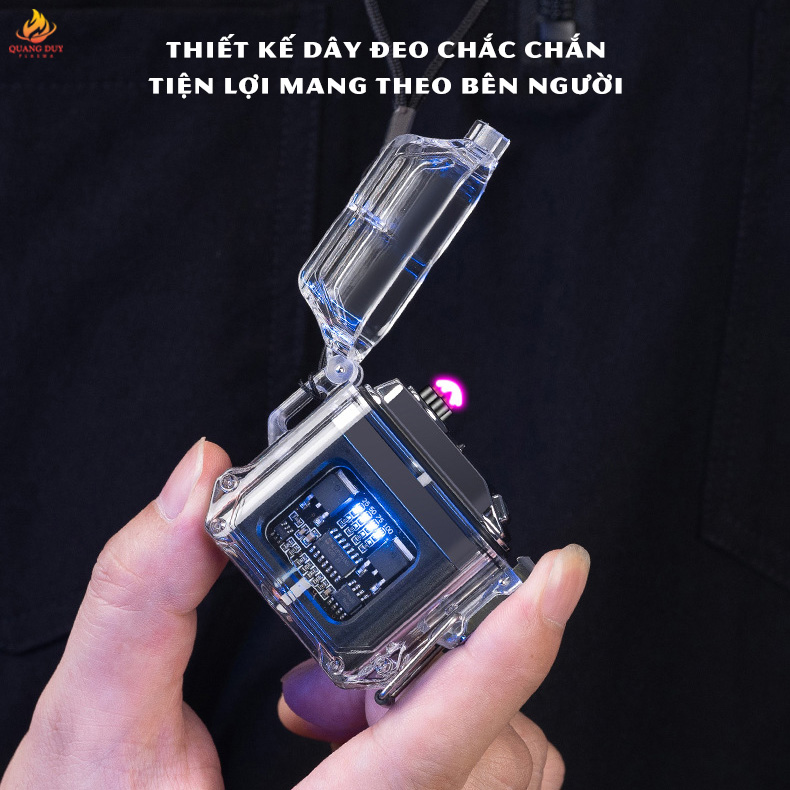 Hộp quẹt điện chống nước vỏ trong suốt, công nghệ 4 tia plasma chống gió sạc pin tiện lợi.