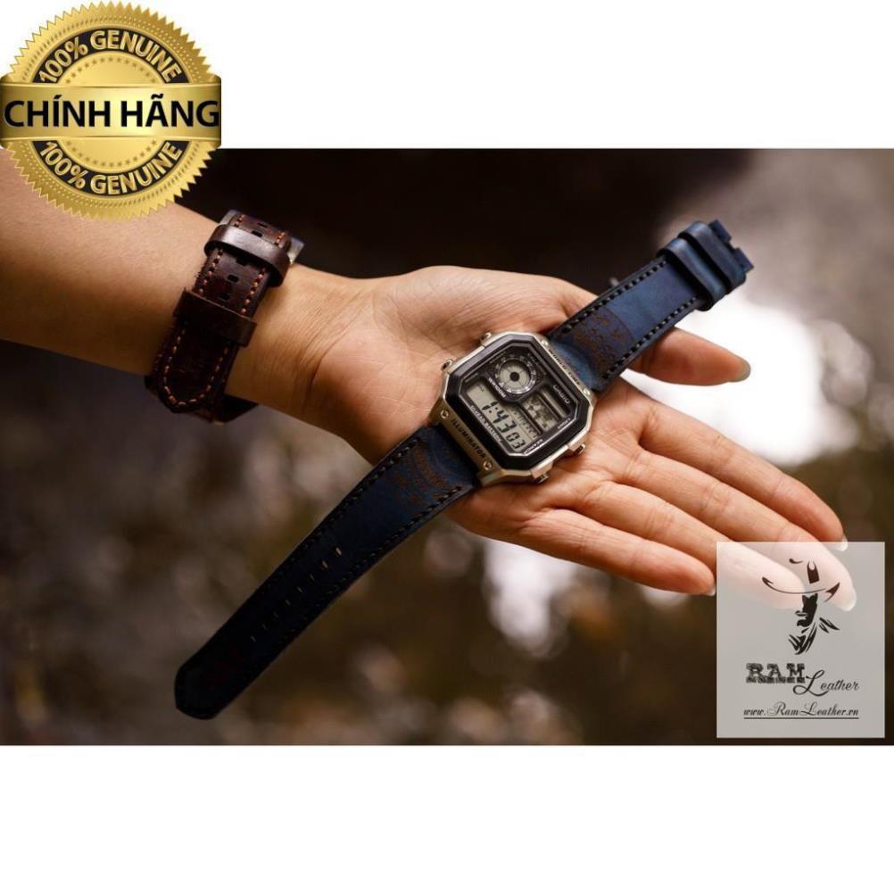 DÂY ĐỒNG HỒ DÀNH CHO CASIO/SEIKO DA BÒ THẬT XANH NAVY TRỐNG ĐỒNG - HÀNG CHÍNH HÃNG