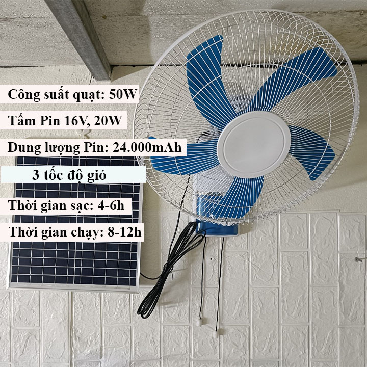 Quạt năng lượng mặt trời, Quạt tích điện, Công suất 50W, Có củ sạc điện 220V