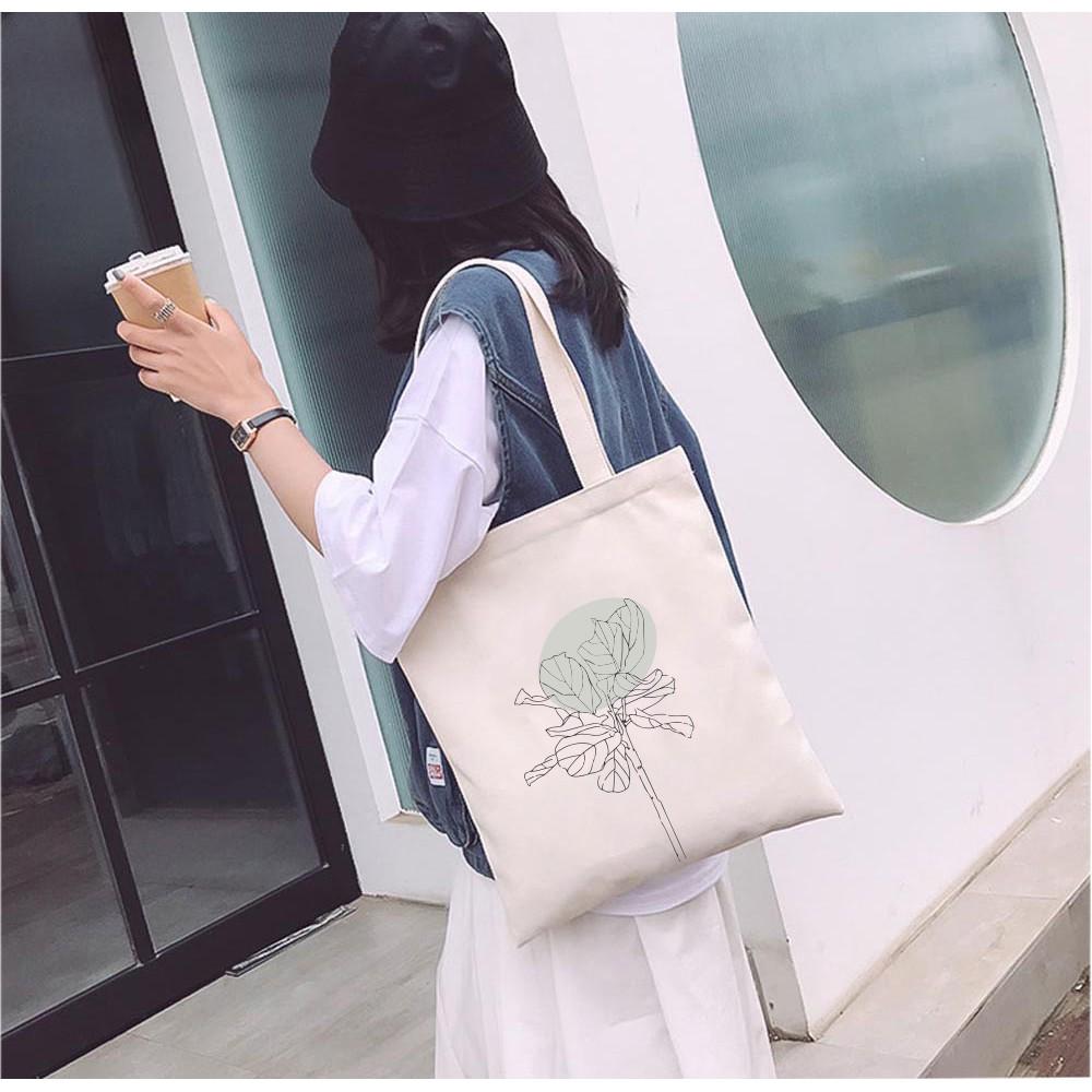 Túi Tote Vải Mộc Ginko kiểu basic có dây kéo khóa miệng túi đựng vừa laptop 14 inch và nhiều đồ dùng In Hình Minimalism Art M39