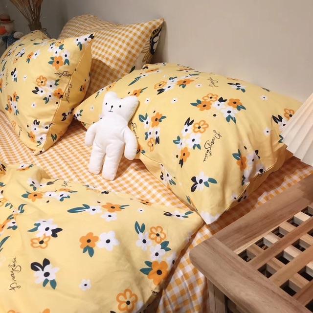 Set Ga Gối Hàng Nhập Khẩu Nguyên Set 4 Món Cao Cấp Màu Vintage Hoa Nhí Vàng