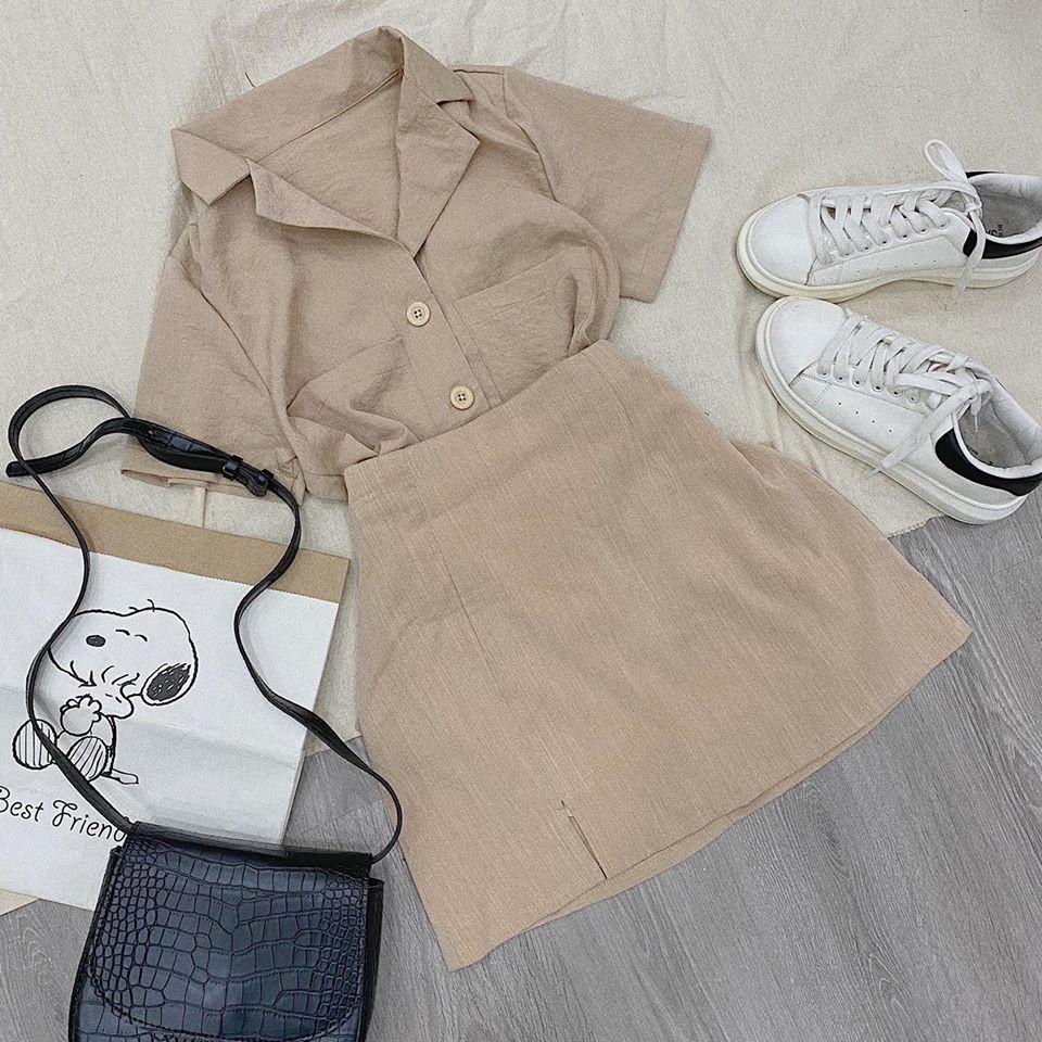 SET ÁO VEST NUDE + CHÂN VÁY XẺ