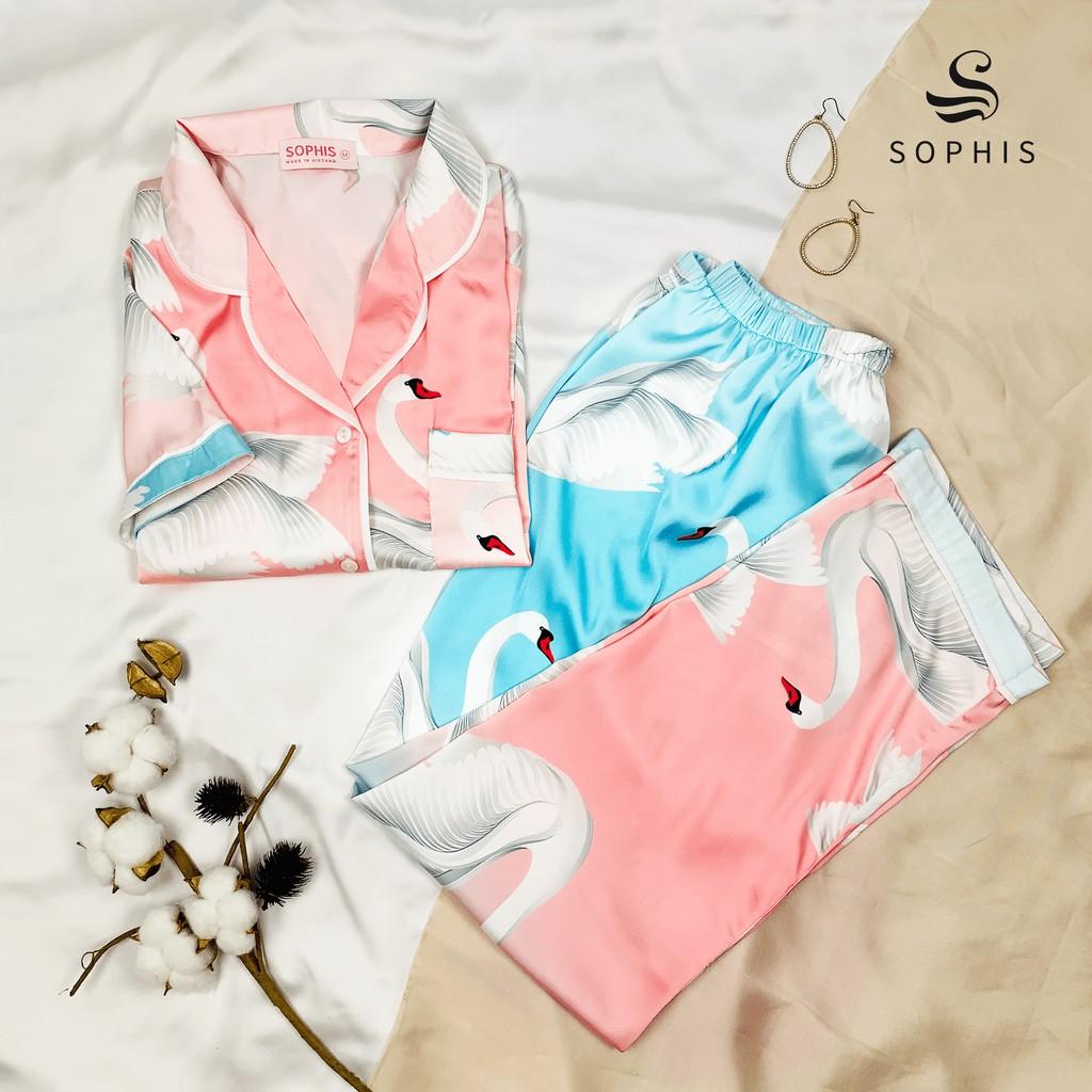 Pijama lụa tay ngắn quần dài, đồ bộ pyjama mặc nhà cao cấp độc quyền Sophis HPJ004