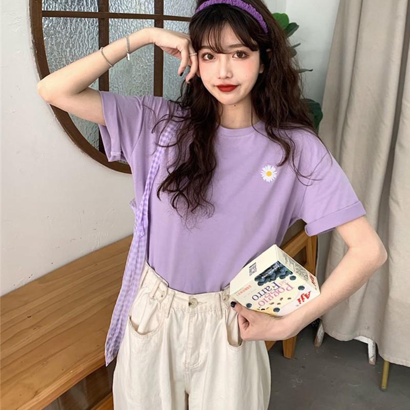 Women Summer Crew Neck College Short Sleeve Floral Print Loose T-Shirt Tops