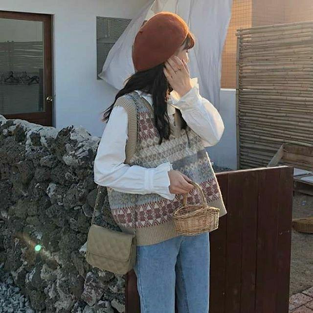 Áo gilê len thu đông retro ulzzang