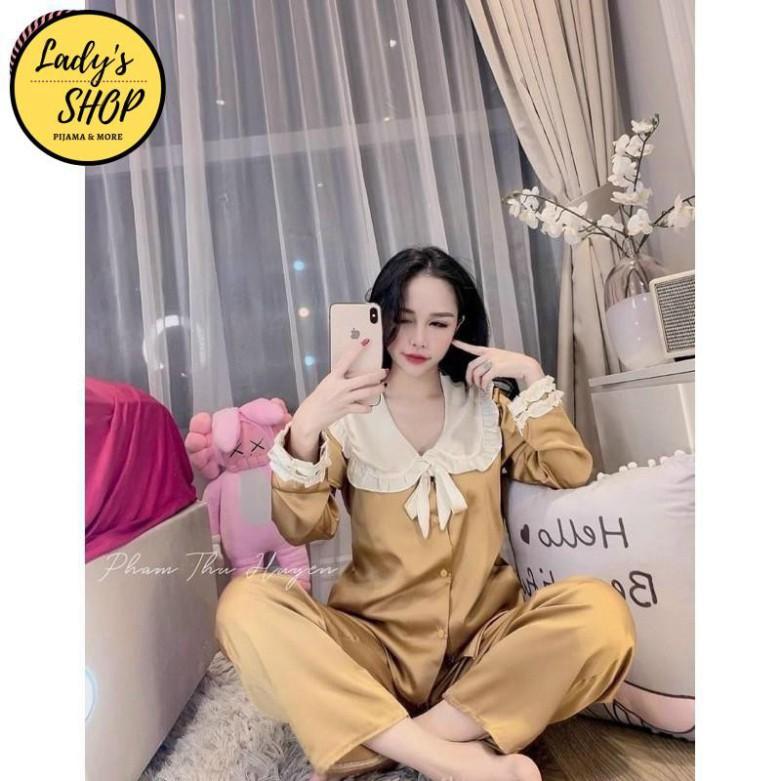 Freeship Bộ lụa Pijama - Bộ Lụa Tay Dài Tiểu Thư Cổ Phối Bèo Nơ