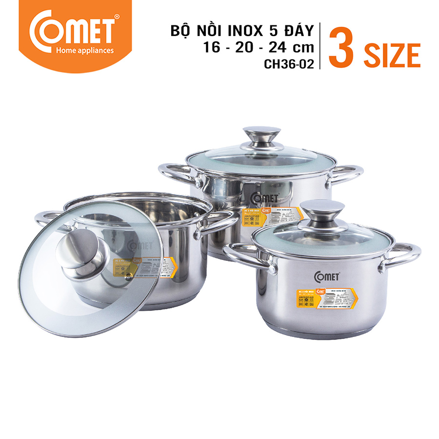 Bộ 3 Nồi Inox 304 5 Đáy Comet CH36-02 3 Size 16cm, 20cm, 24cm