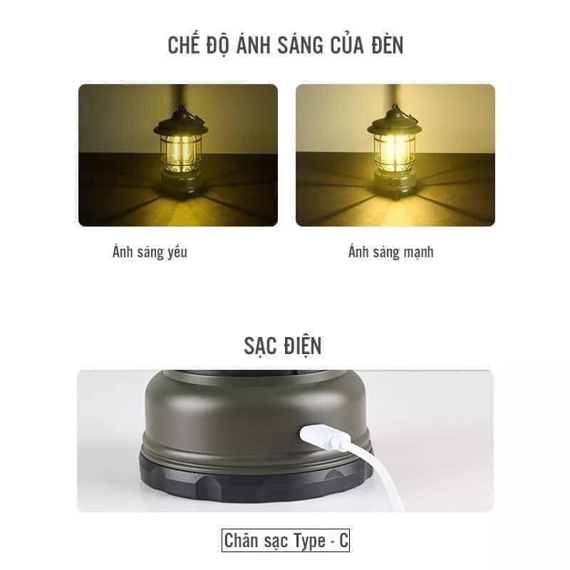 Đèn Măng Xông LED, Đèn Cắm Trại Dã Ngoại, Đèn Treo Lều, Đèn Retro Phong Cách Cổ Điển Pin Sạc Siêu Sáng - Hàng Chính Hãng
