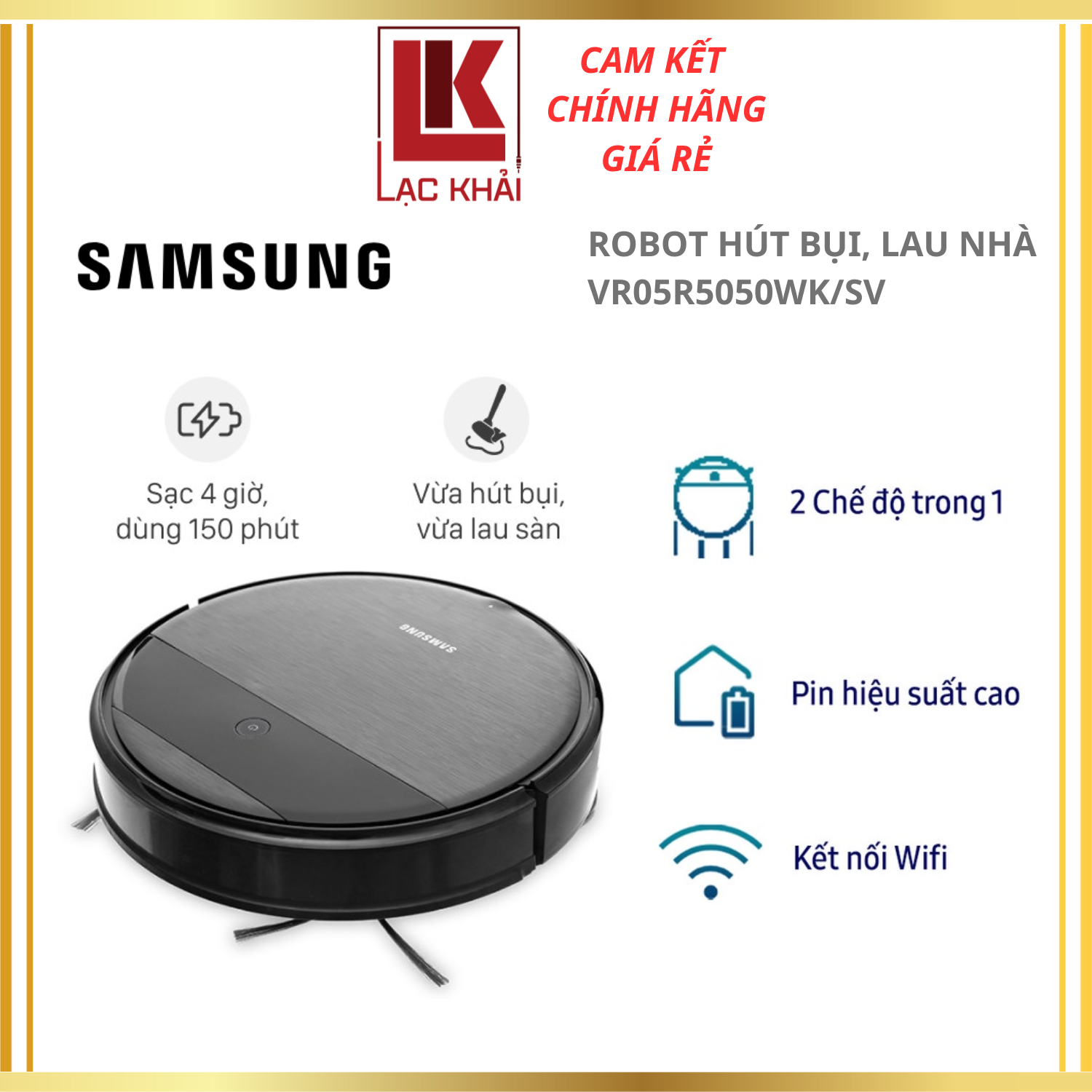 Robot hút bụi, lau sàn nhà Samsung VR05R5050WK/SV - Powerbot-E lực hút cực mạnh 4200Pa - Hàng chính hãng