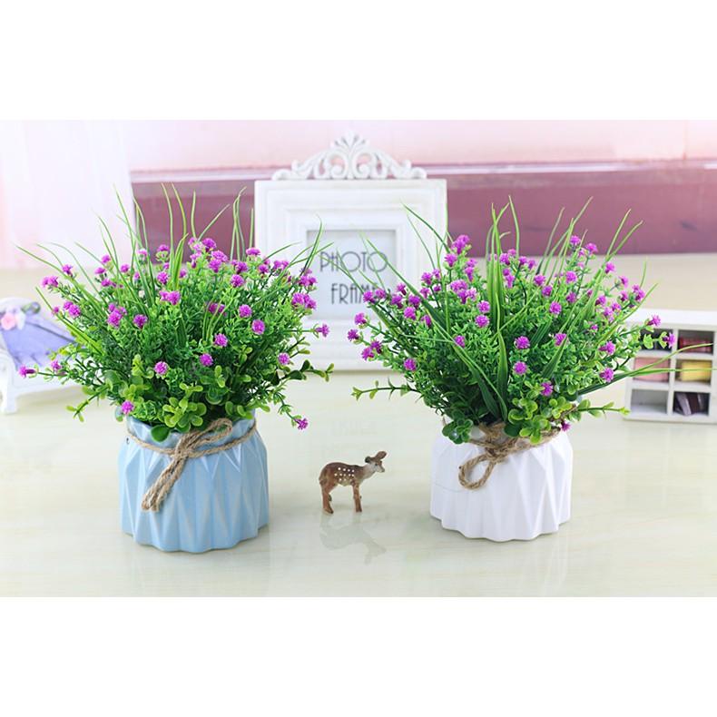 Hoa cỏ nhân tạo, bình hoa baby để bàn, kệ tủ trang trí nhà cửa, chậu sứ mini gân sọc độc đáo