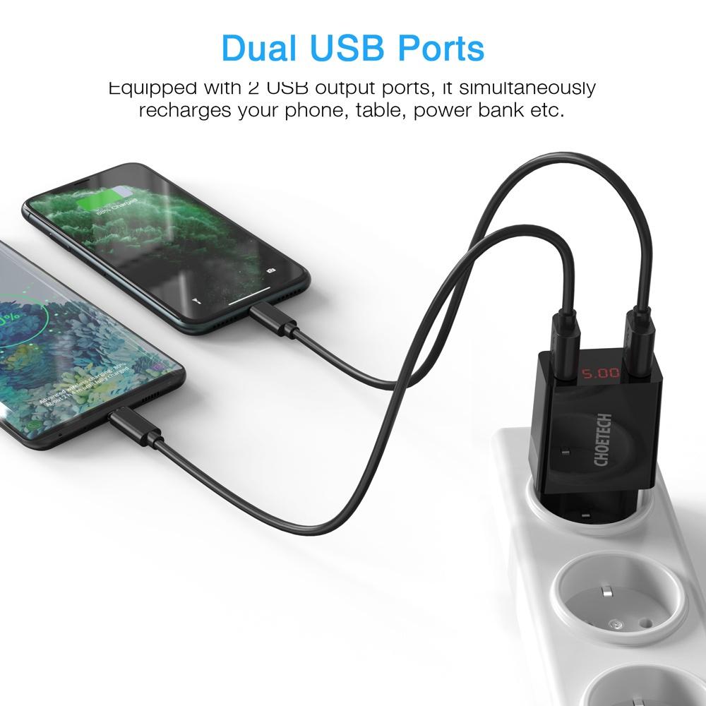 Củ sạc 2 cổng USB-A có màn hình hiển thị điện áp Choetech C0028
