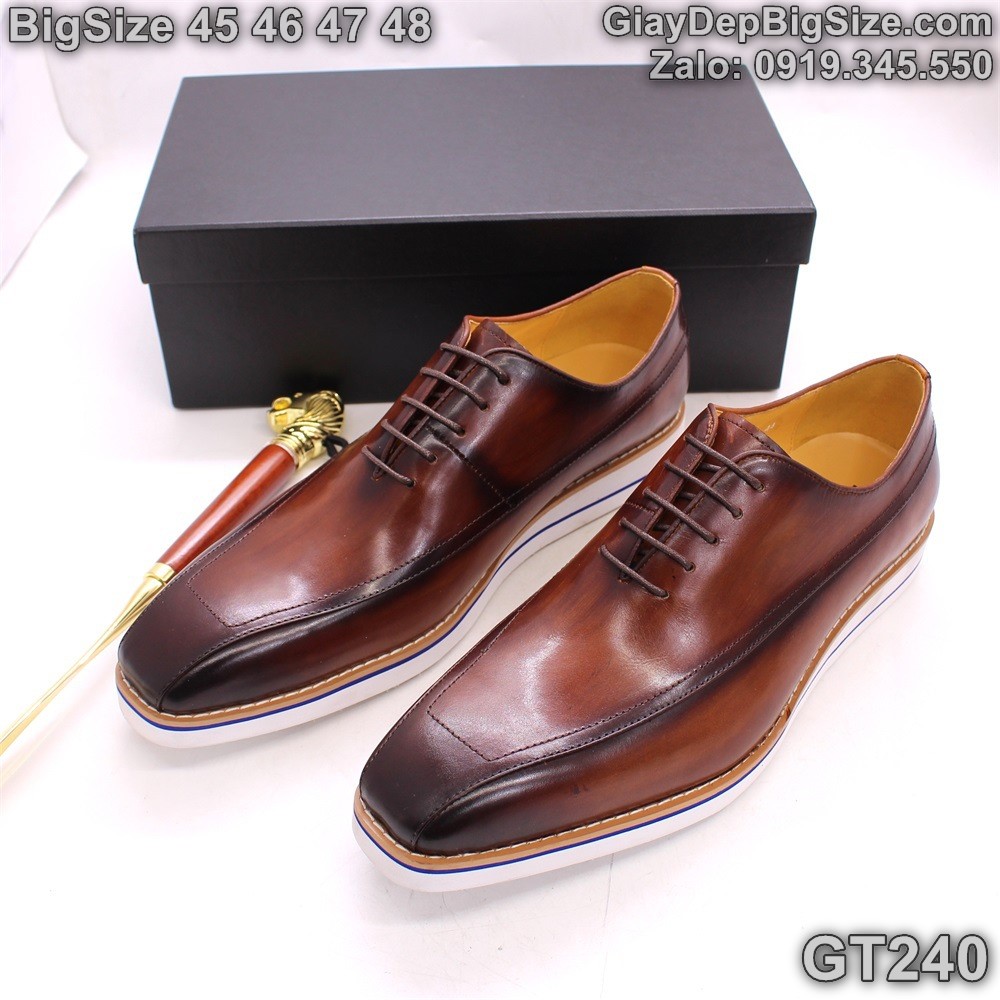 Giày da đóng thủ công, giày tây đế phẳng cỡ lớn 45 46 47 48 cho nam chân to. Big size handmade shoes for wide feet