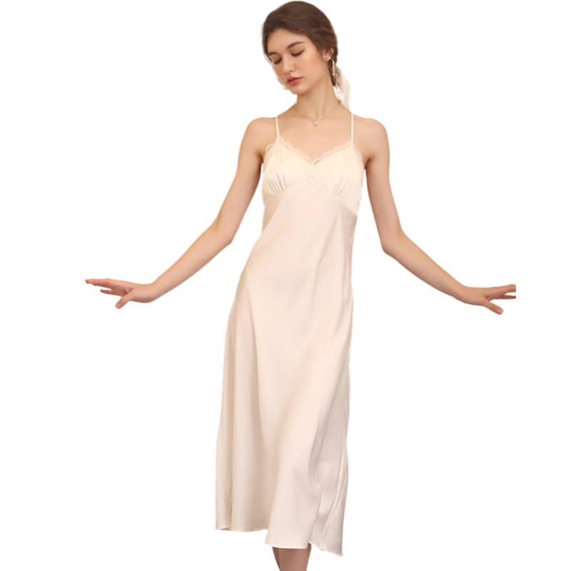 Đầm ngủ, Váy ngủ lụa Pháp (Lụa Latin) thiết kế 2 dây chéo lưng phối ren cao cấp VILADY - V147 (Màu Trắng gạo)